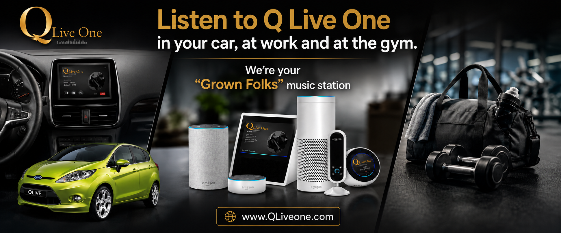 Listen to Q Live One in your car, at work and at the gym